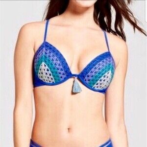 Shade & Shore Swim Bikini‎ Top Bra 36C Blue White Green Crocheted Sexy Summer